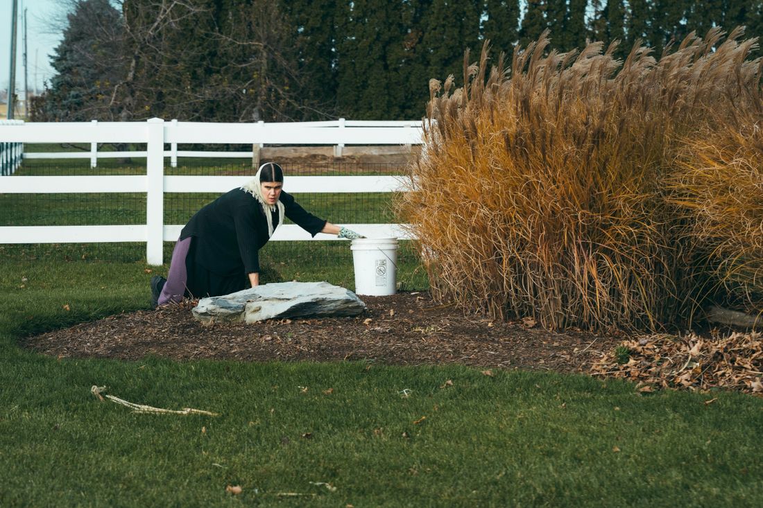 Gardener tending plants in a formal garden bed
