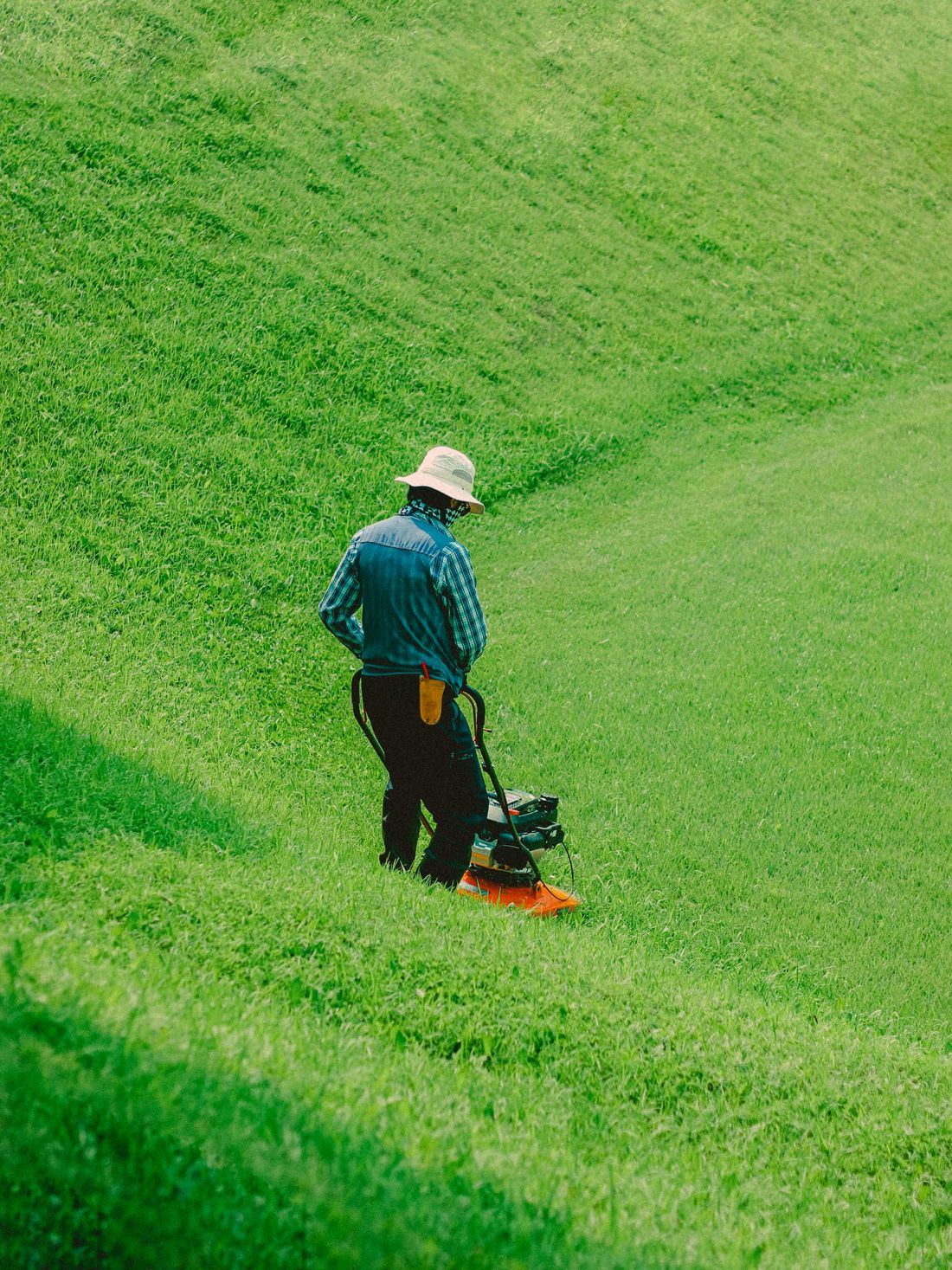 Landscaper mowing a residential lawn on a weekly schedule